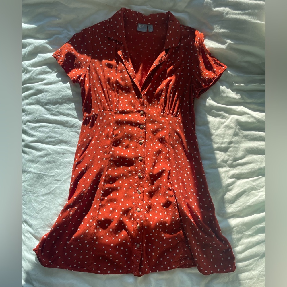 ASOS DESIGN retro skater mini dress in orange with cream dots